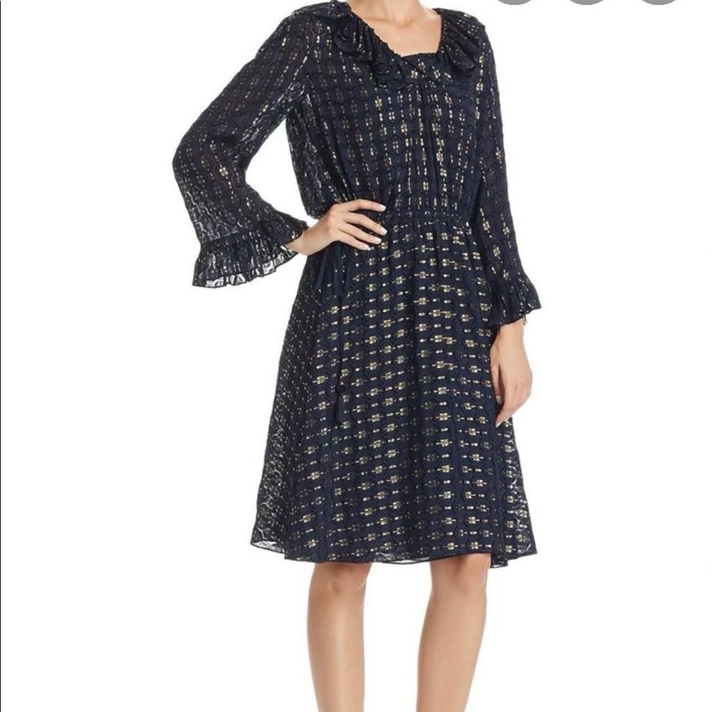 Tory Burch Size 2 Navy & Gold Dress